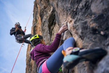 Behind the scene shot of Aurelie and climber as part of Nikon's The Movement limited series.